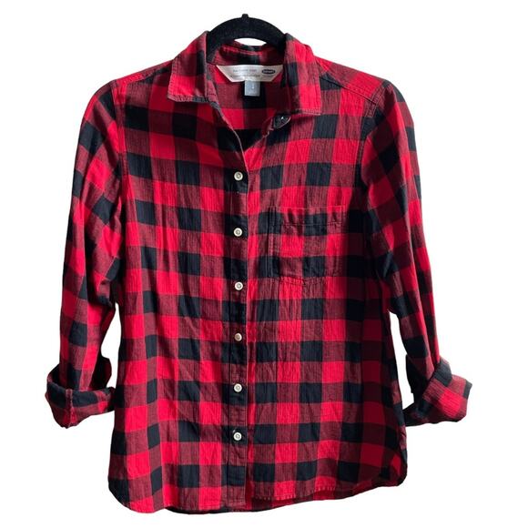 Old Navy Buffalo Check Plaid Button Down Classic Shirt Top Red Black Size Small - Picture 1 of 6